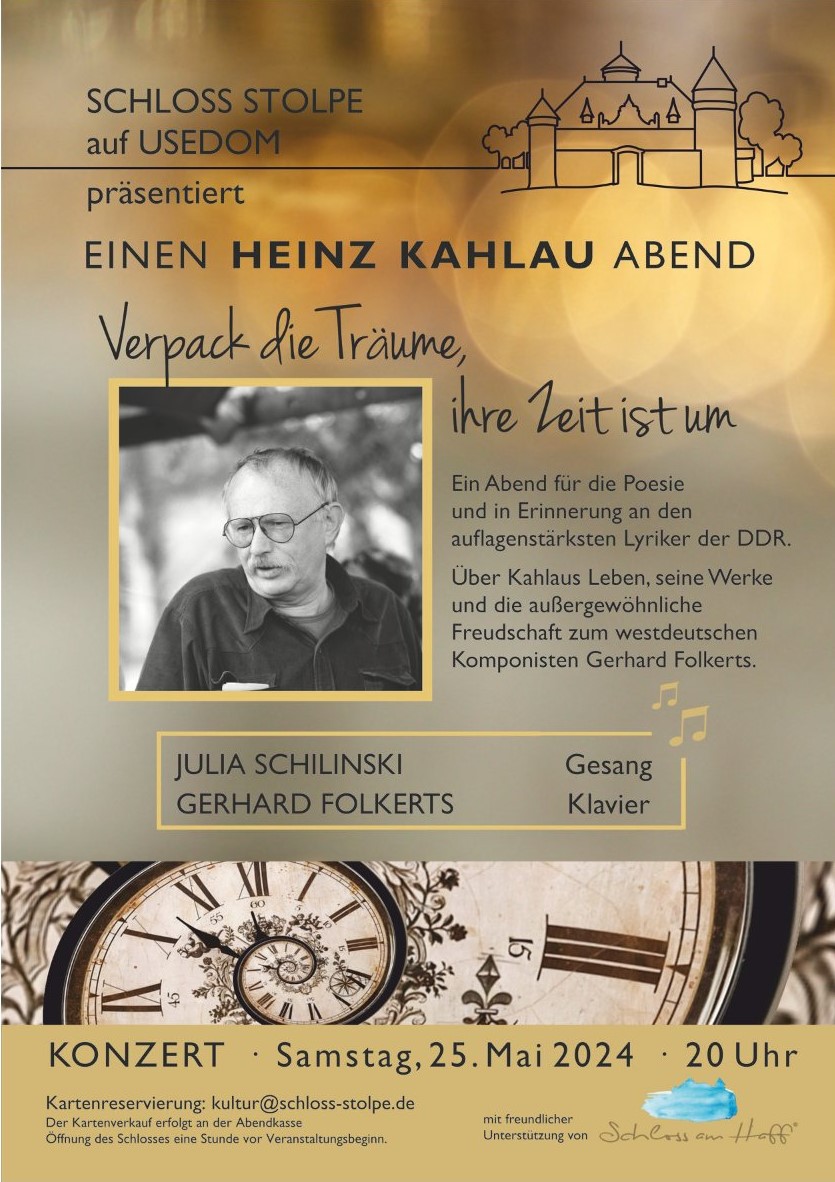Plakat für die Ankündigung des Heinz-Kahlau-Abends im Schloss Stolpe mit dem Pianisten Gerhard Folkerts und der Sängerin Julia Schilinski
